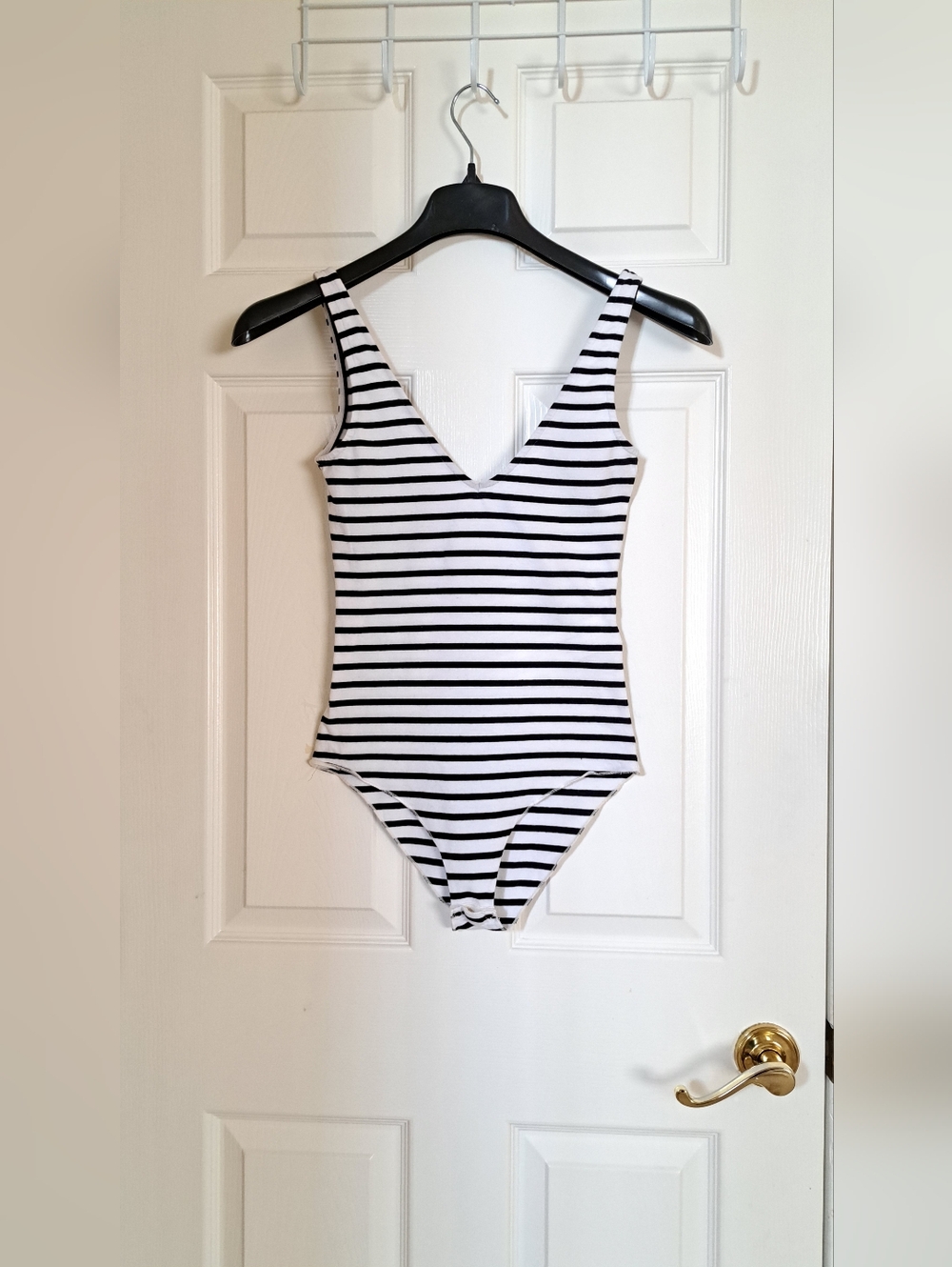 MinkPink Striped Black and White V-Neck Bodysuit